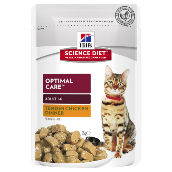 Hills Science Diet Adult Cat Optimal Care Tender Chicken Dinner 85g x 12 Pouches 1